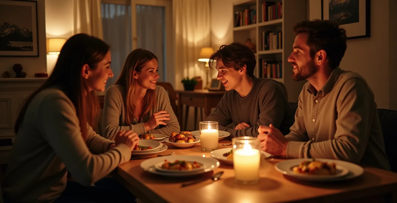 Salon suisse avec éclairage ambré créant une atmosphère chaleureuse en soirée