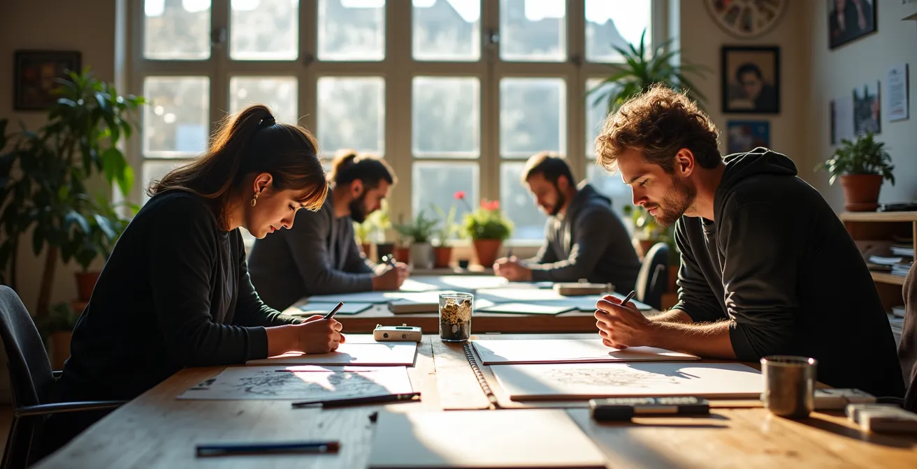 Vue large d'un atelier de bande dessinée avec plusieurs artistes romands au travail