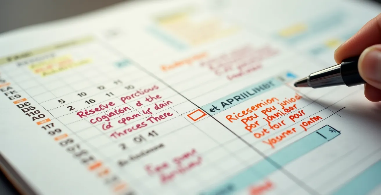 Vue macro d'un calendrier avec annotations colorées pour planification d'événements