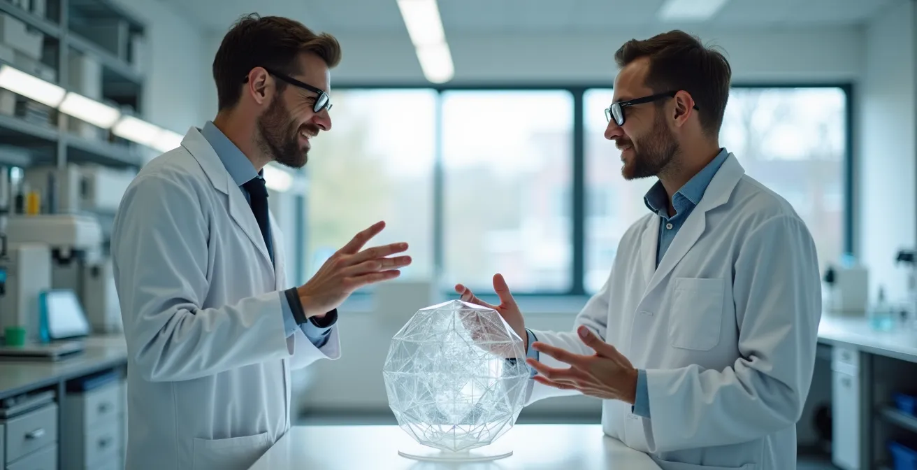 Chercheur et entrepreneur échangeant dans un laboratoire high-tech de l'EPFL avec équipements scientifiques