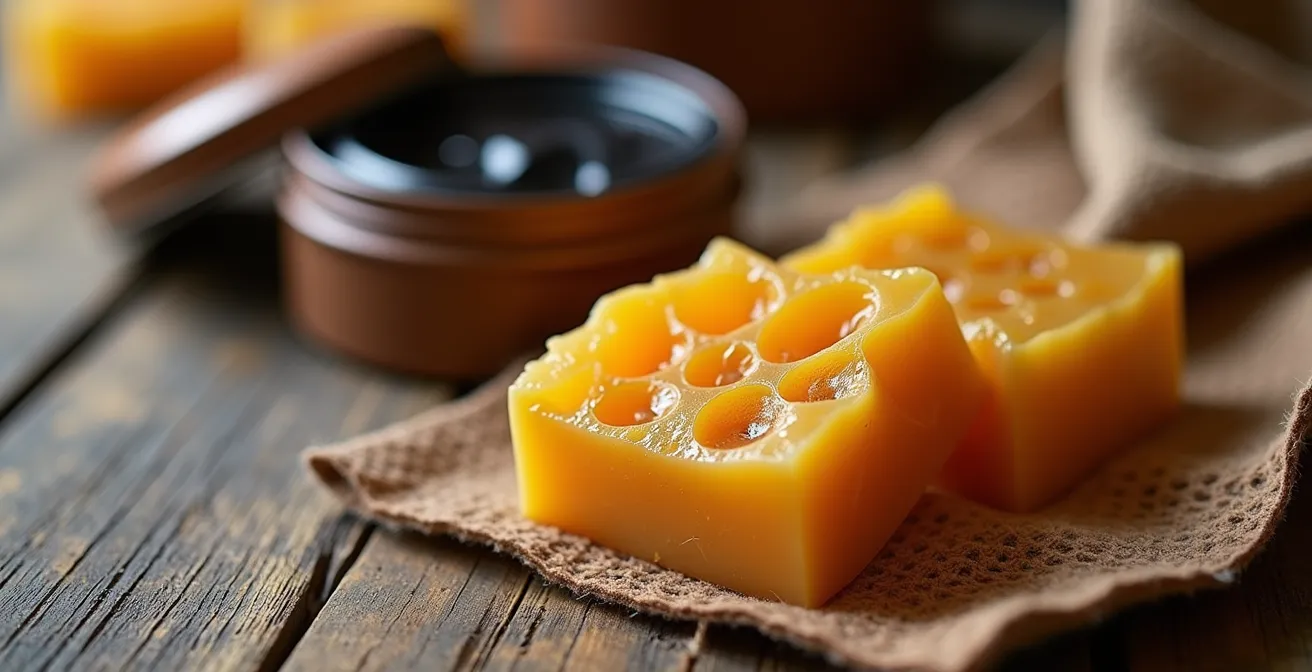 Gros plan sur des produits d'entretien naturels pour cuir avec texture de cire d'abeille visible