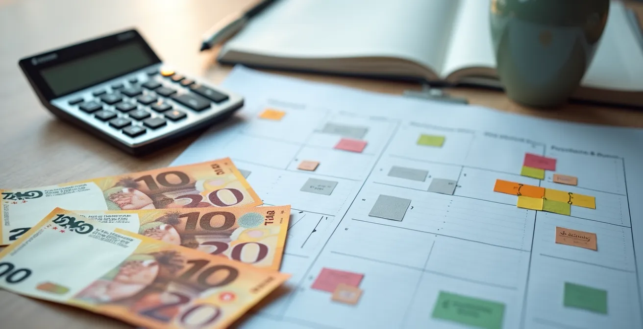 Calculatrice professionnelle sur bureau avec billets de francs suisses et calendrier de planification
