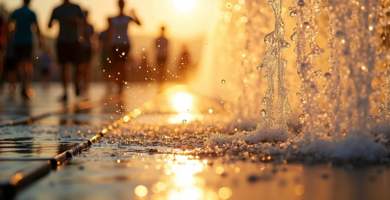 Gros plan sur les gouttelettes d'eau du Jet d'eau créant un effet bokeh naturel avec des silhouettes de promeneurs