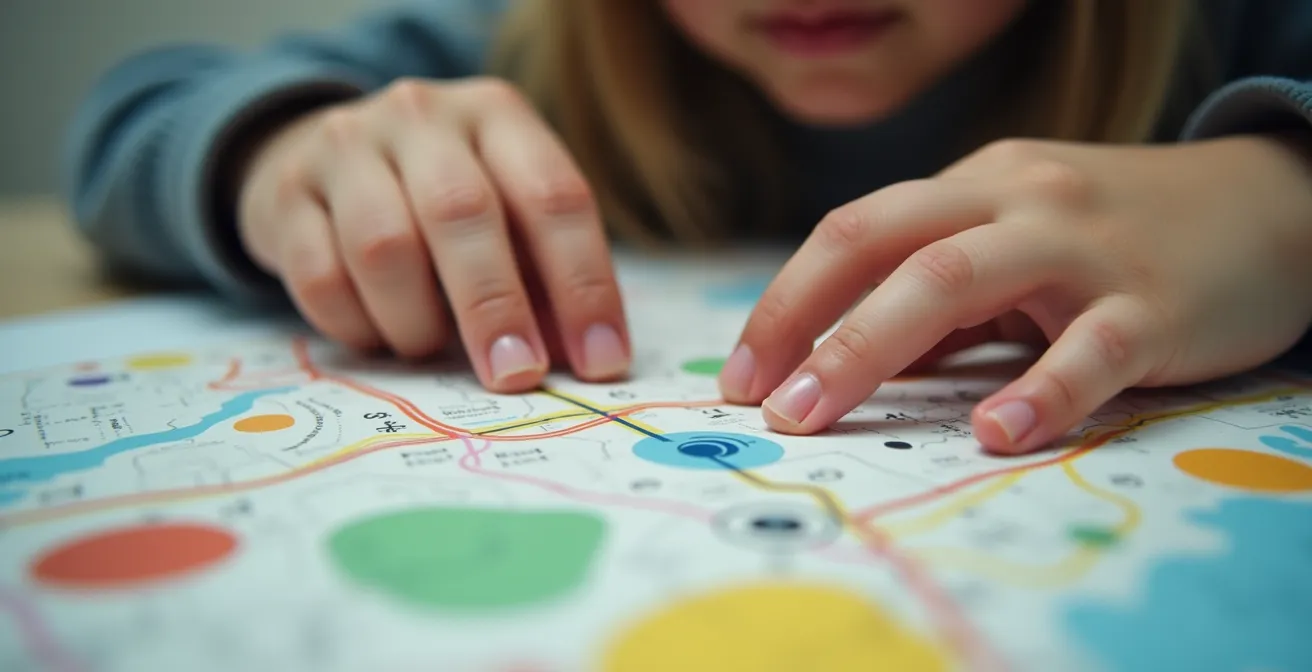 Enfant tenant un plan de musée et guidant sa famille dans les salles d'exposition