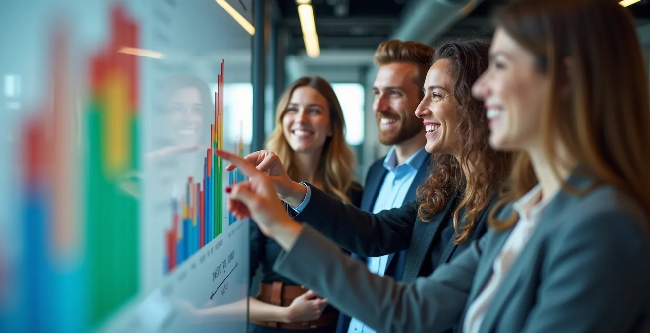 Employés d'une PME suisse participant à un challenge énergie avec tableau de bord visuel et récompenses