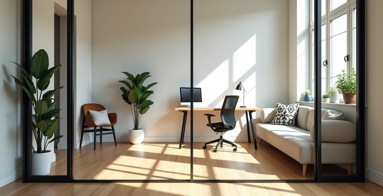 Coin bureau séparé par une verrière dans un appartement lumineux