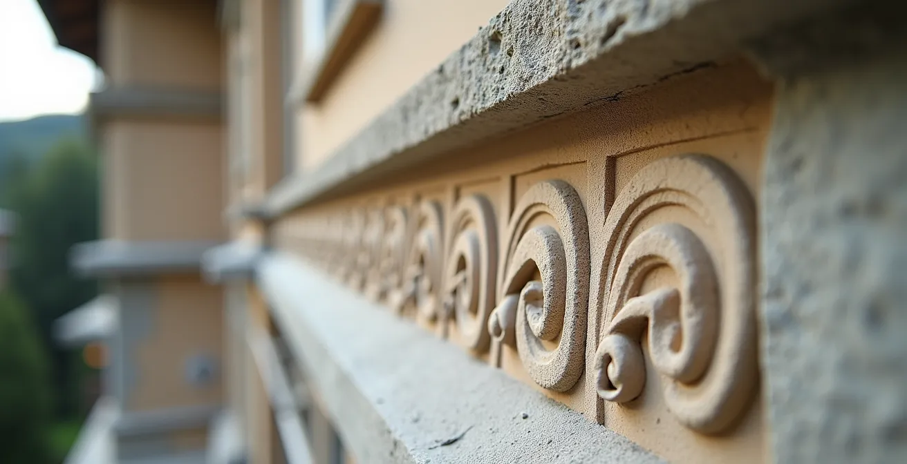 Vue détaillée d'une façade historique suisse avec application d'enduit isolant préservant les moulures