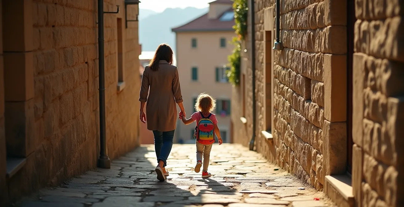 Famille descendant les escaliers historiques de la Vieille Ville de Genève