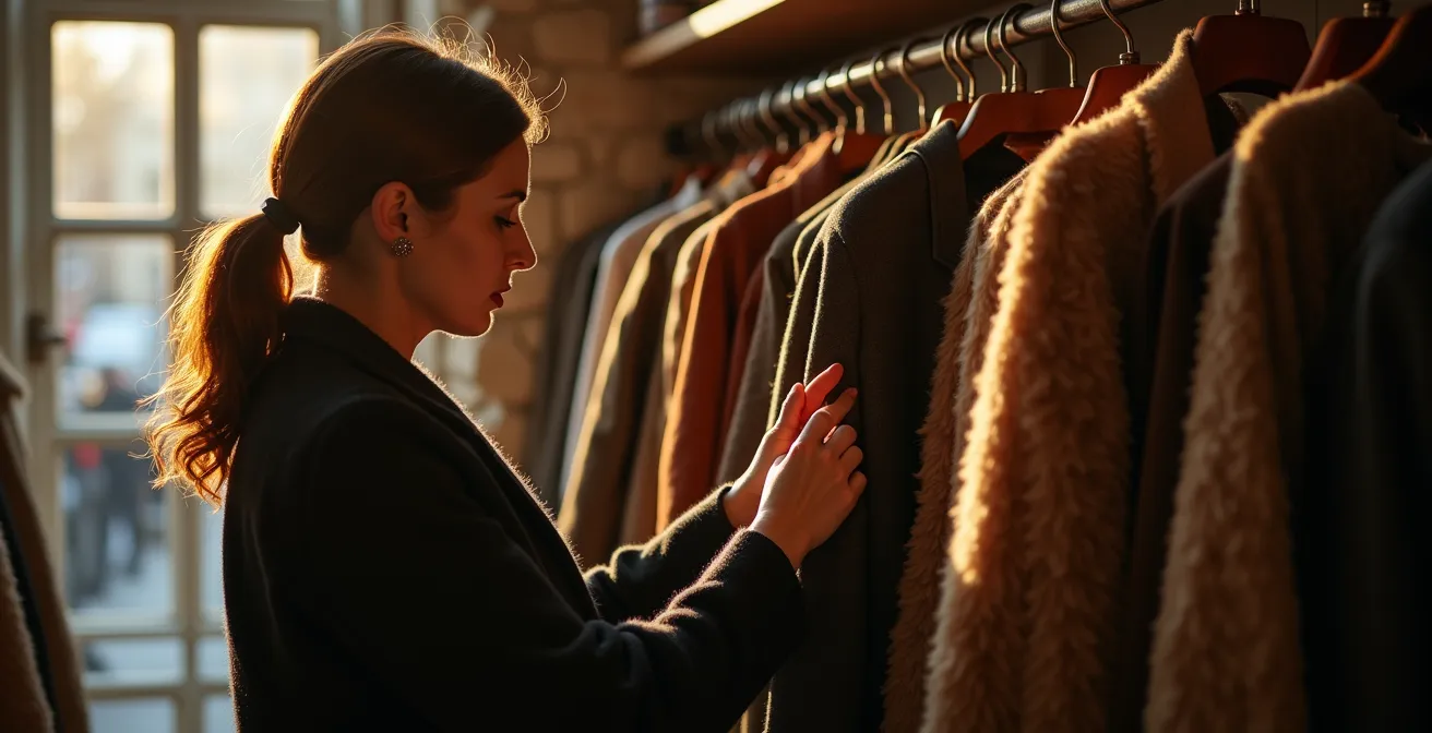 Intérieur d'une boutique vintage à Carouge avec portants de vêtements de créateurs et architecture genevoise typique
