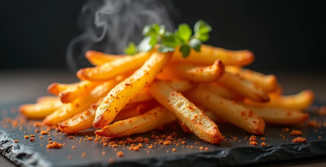 Frites de céleri-rave dorées et croustillantes sortant du four, parsemées de paprika fumé