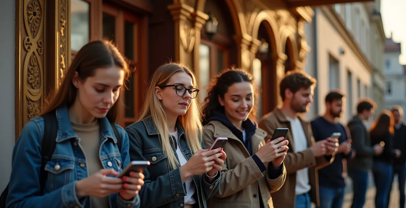 Jeunes spectateurs attendant devant le guichet d'un théâtre historique suisse au crépuscule