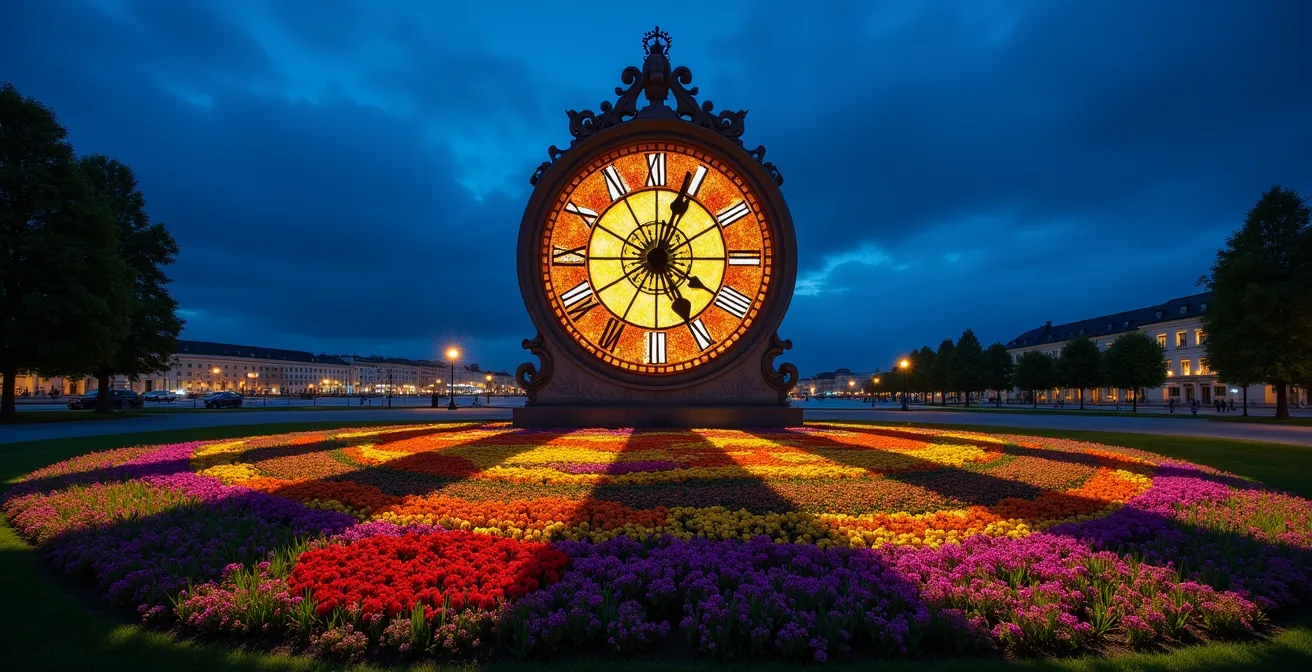 L'Horloge Fleurie de Genève photographiée pendant l'heure bleue avec éclairage artificiel