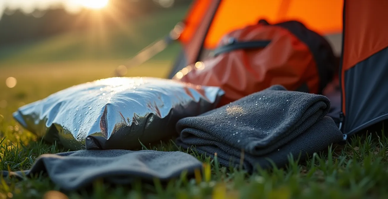 Équipement de camping organisé sur sol herbeux avec tente, couverture de survie et sacs étanches