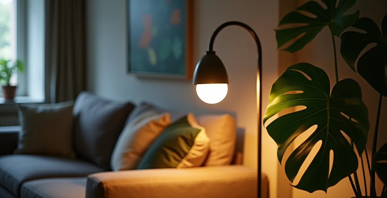 Salon moderne avec lampes de croissance LED discrètes intégrées dans la décoration