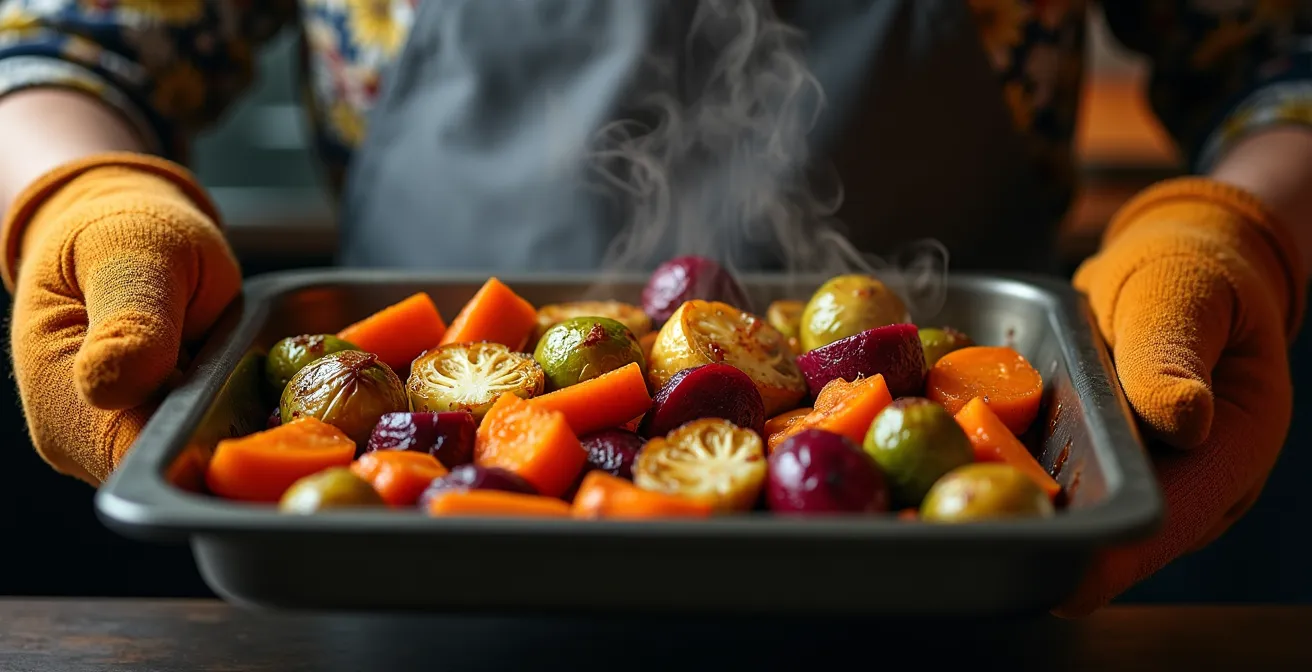 Légumes racines parfaitement rôtis et caramélisés sortant du four