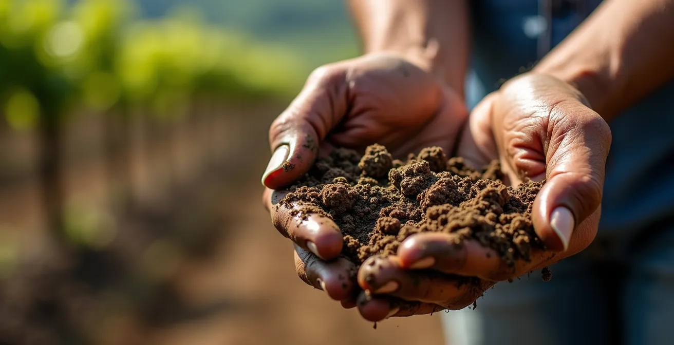 Gros plan sur des mains de vigneron travaillant la terre des vignobles du Lavaux
