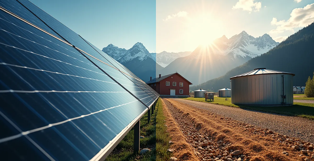 Installation énergétique combinant panneaux solaires et stockage thermique dans un paysage alpin suisse
