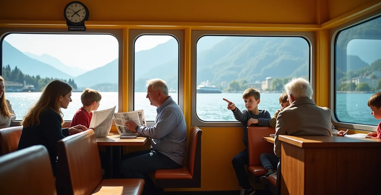 Mouette genevoise naviguant sur le lac Léman avec passagers locaux au coucher du soleil