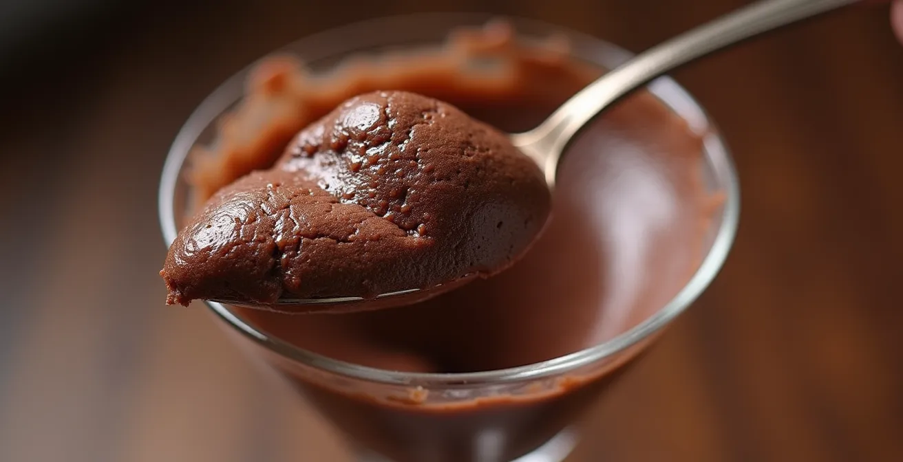 Gros plan sur une mousse au chocolat végétale aérienne avec texture crémeuse