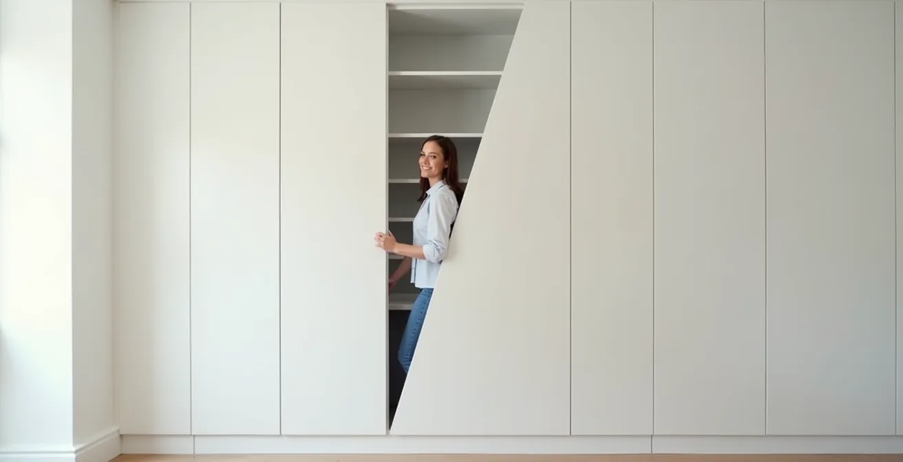 Système de rangement mural intégré du sol au plafond dans un intérieur suisse