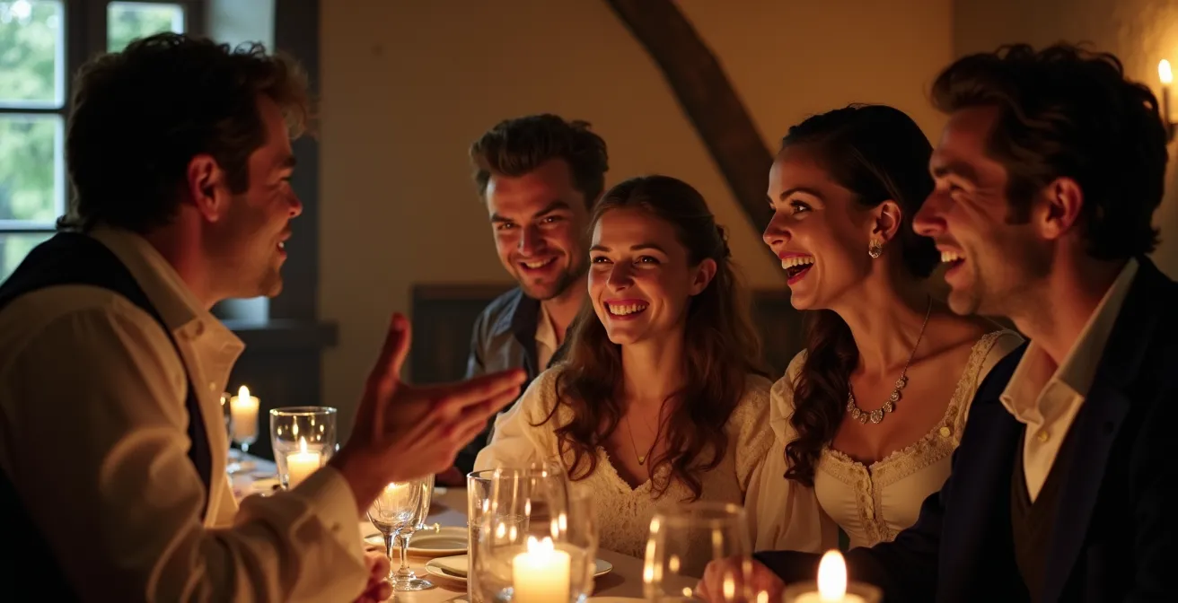 Participants en costume d'époque dans un château suisse lors d'une murder party