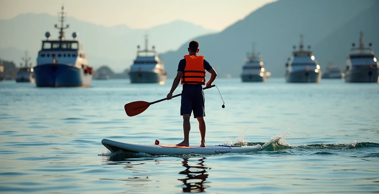 Paddleur traversant la rade de Genève avec gilet de sauvetage et équipement de sécurité