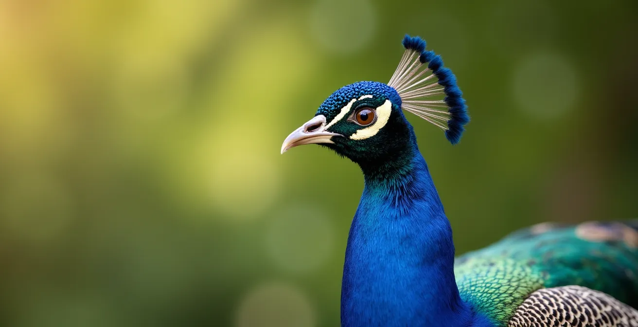 Paon mâle déployant sa roue colorée sur la pelouse verdoyante du parc de l'Ariana au printemps