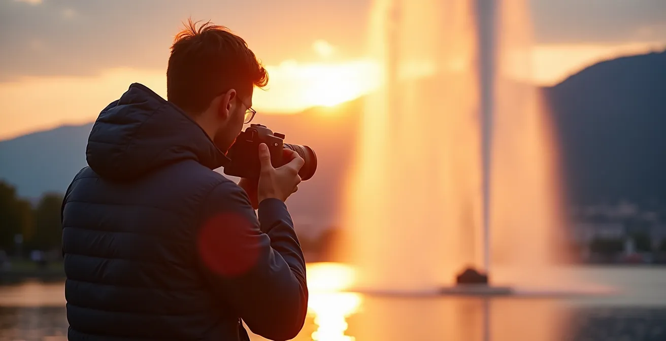 Vue arrière d'un photographe capturant le Jet d'eau en contre-jour avec la chaîne du Jura en arrière-plan