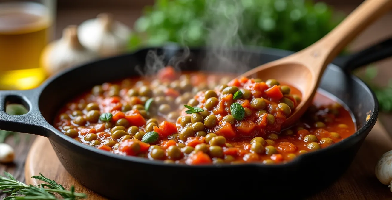 Préparation d'une sauce bolognaise aux lentilles dans une cuisine suisse avec ingrédients locaux visibles