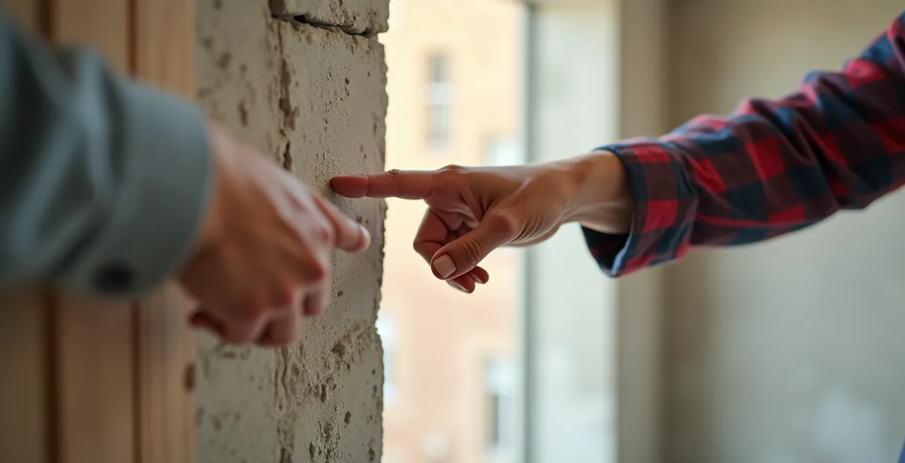 Inspection finale d'un chantier de rénovation suisse avec entrepreneur et propriétaire examinant les finitions