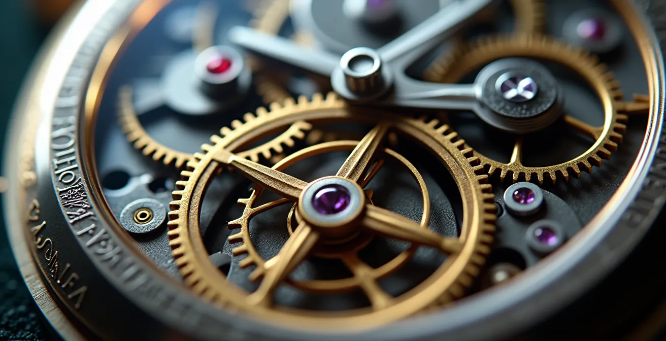 Vue macro d'un mouvement horloger en phase de finalisation avec détails de haute précision