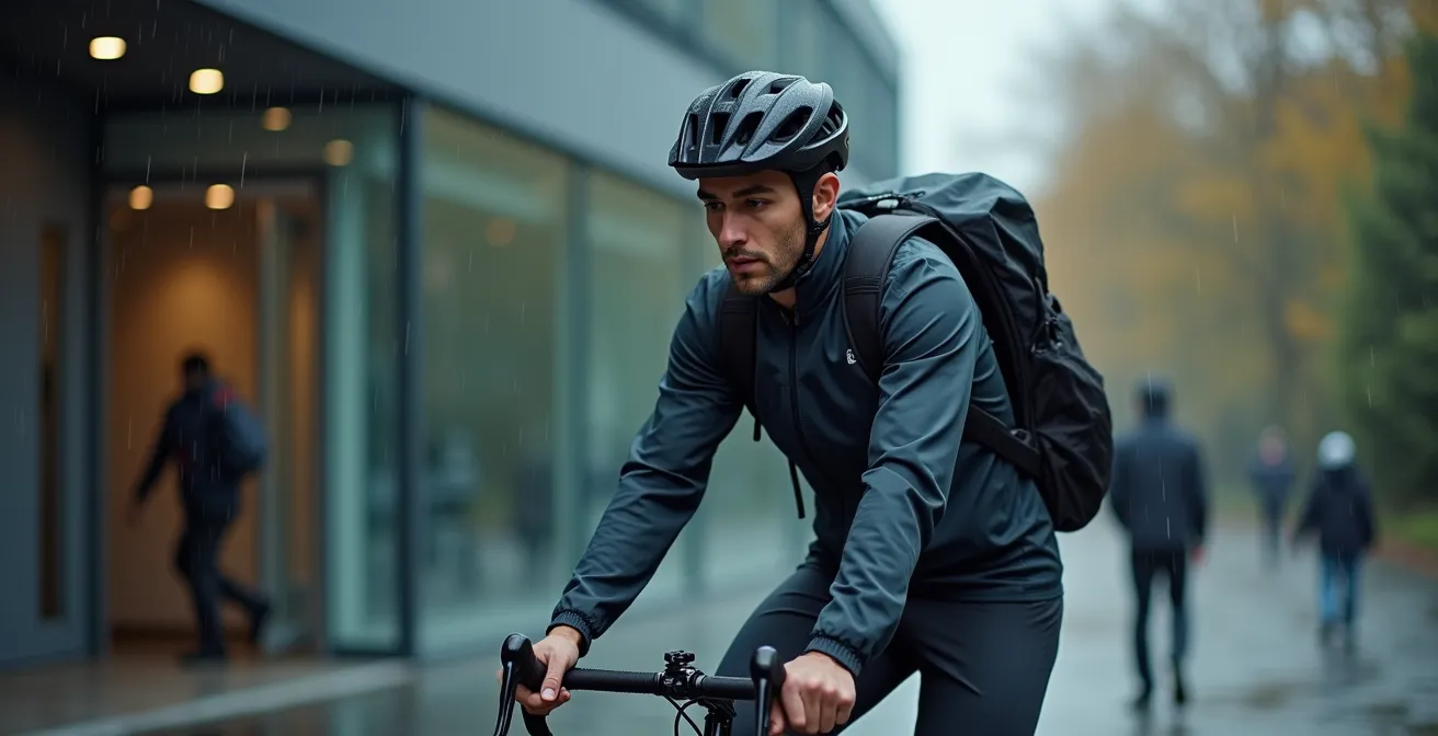 Cycliste professionnel équipé pour la pluie dans un environnement urbain suisse