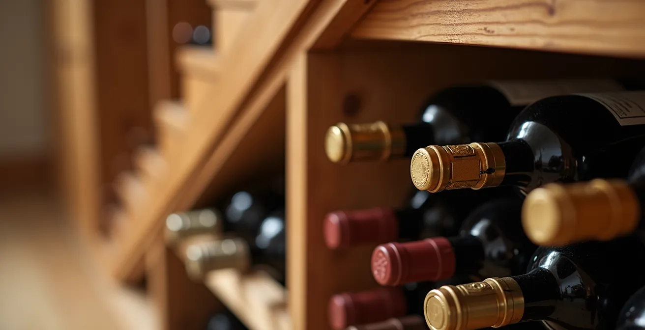 Aménagement sur mesure sous escalier avec casiers à vin en bois
