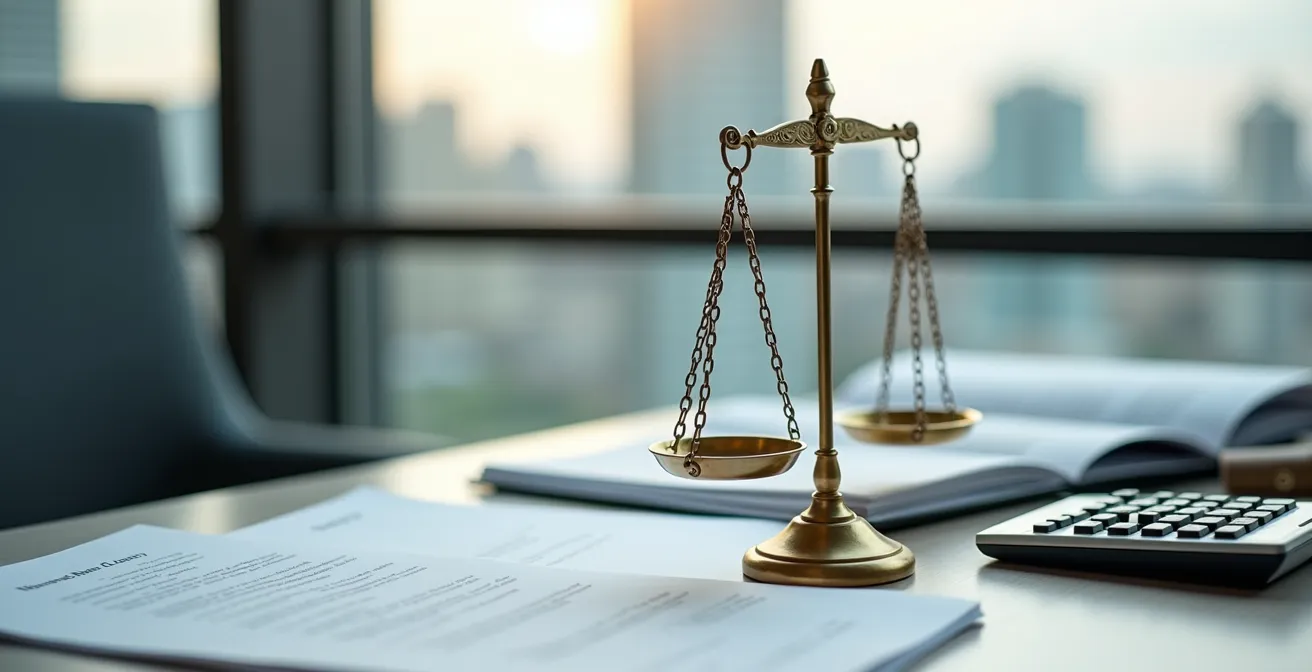 Bureau moderne avec documents juridiques floutés et calculatrice professionnelle sur table en bois