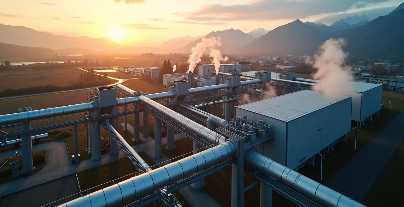 Vue aérienne d'un réseau de chaleur industriel connectant plusieurs bâtiments avec les Alpes suisses en arrière-plan