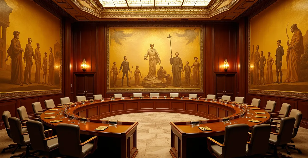 Intérieur majestueux de la salle du Conseil avec les fresques dorées de José Maria Sert