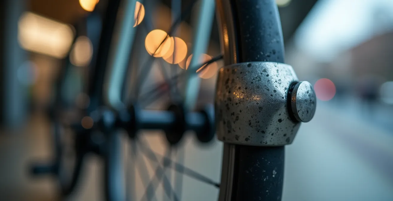 Gros plan sur la méthode correcte d'attache d'un vélo avec cadenas en U