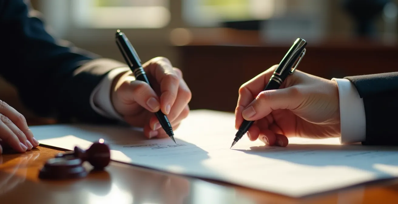 Deux mains professionnelles signant des documents officiels sur un bureau en bois avec tampons et sceaux