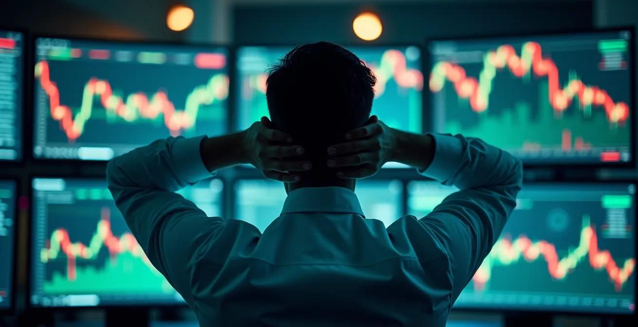 Écrans de trading montrant des graphiques abstraits avec indicateurs techniques colorés