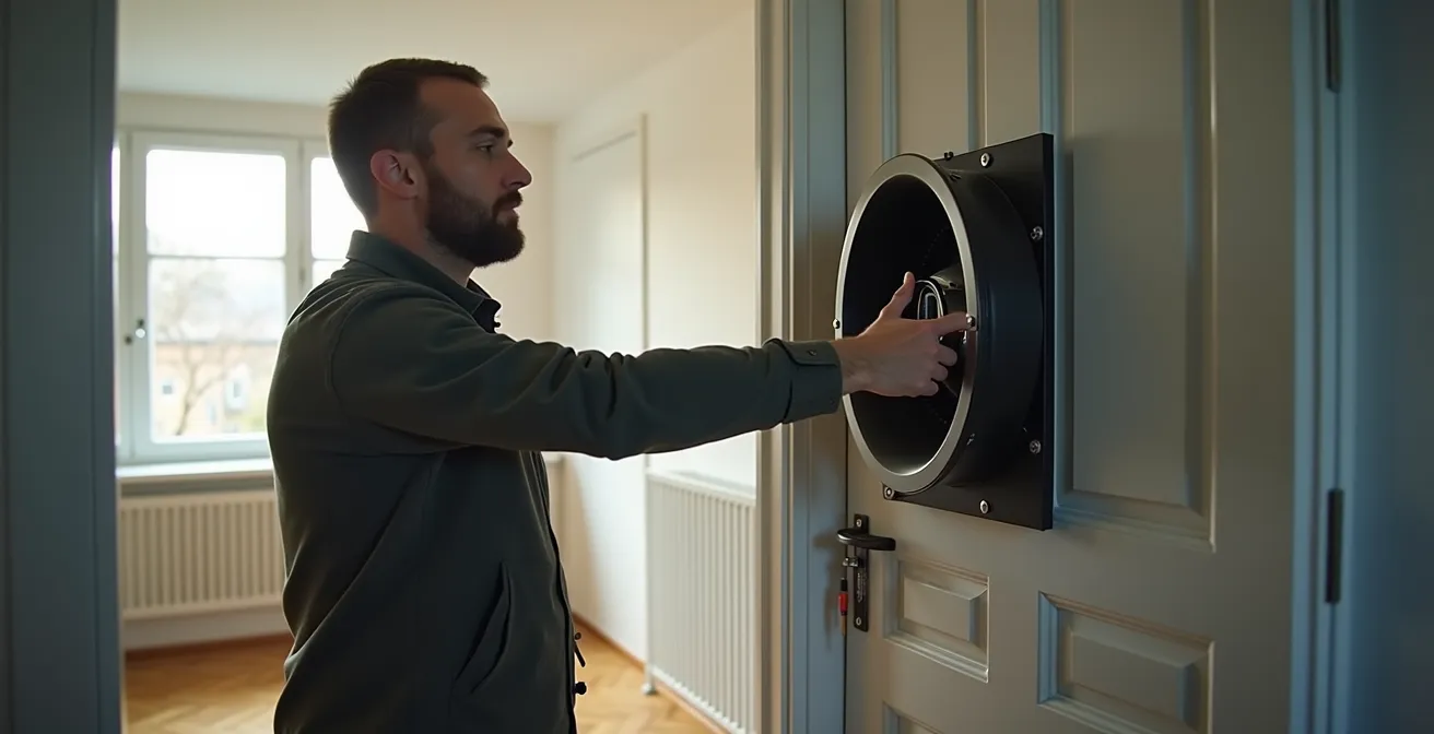 Test d'étanchéité à l'air en cours dans un appartement suisse rénové