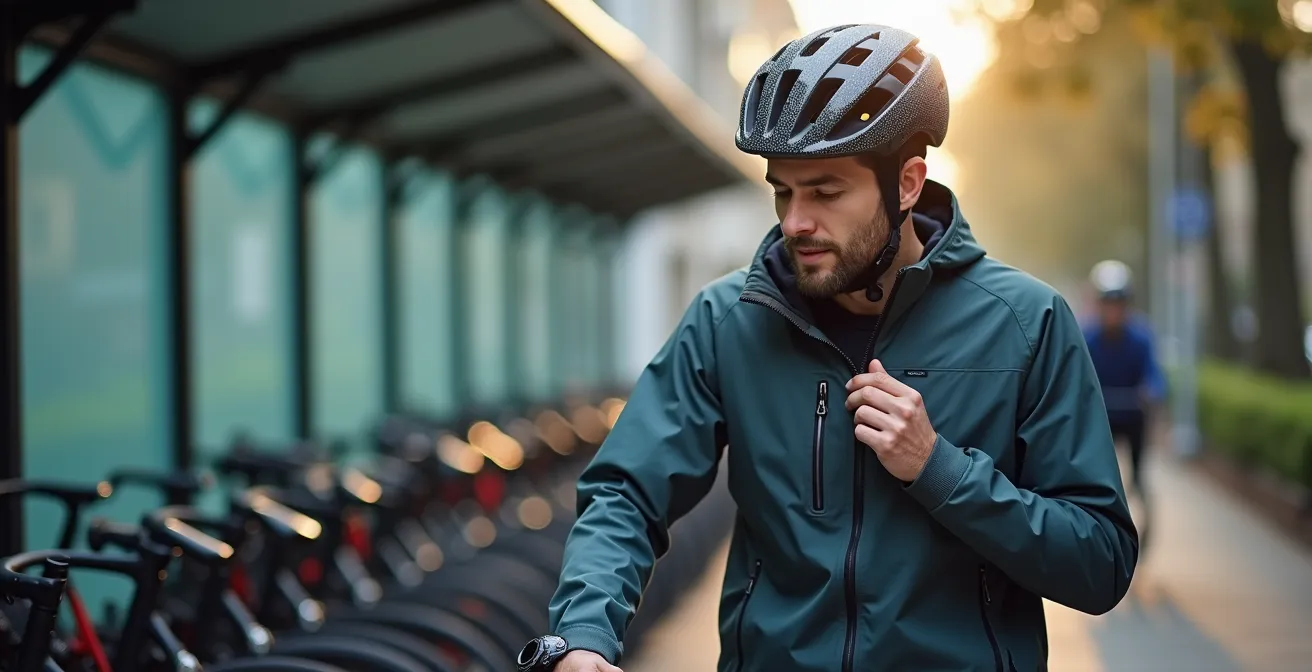Cycliste urbain équipé pour la pluie devant une Vélostation genevoise