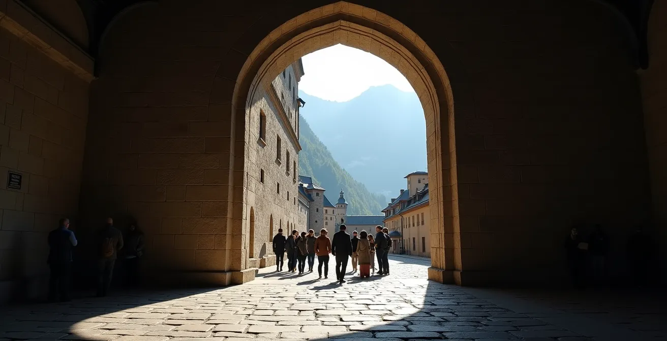 Petit groupe de visiteurs explorant un château suisse historique lors d'une visite guidée exclusive