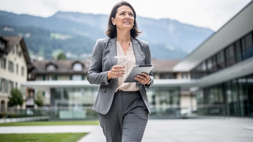 Dirigeante de PME suisse en déplacement professionnel pour un rendez-vous client