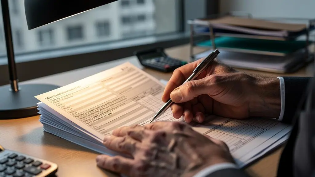 Expert-comptable suisse vérifiant minutieusement des documents officiels de paie et déclarations sociales